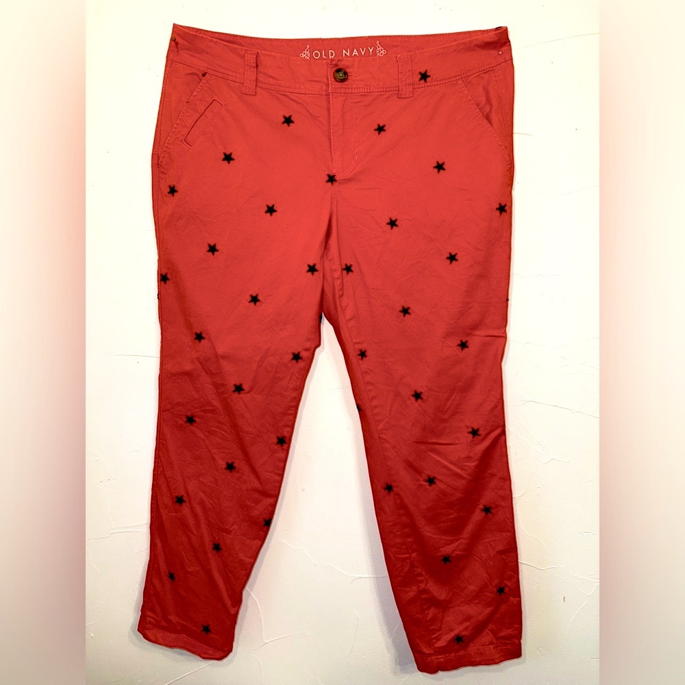OLD NAVY WOMEN’S RED CROPPED COTTON PANTS EMBROIDERED NAVY STARS SZ 12